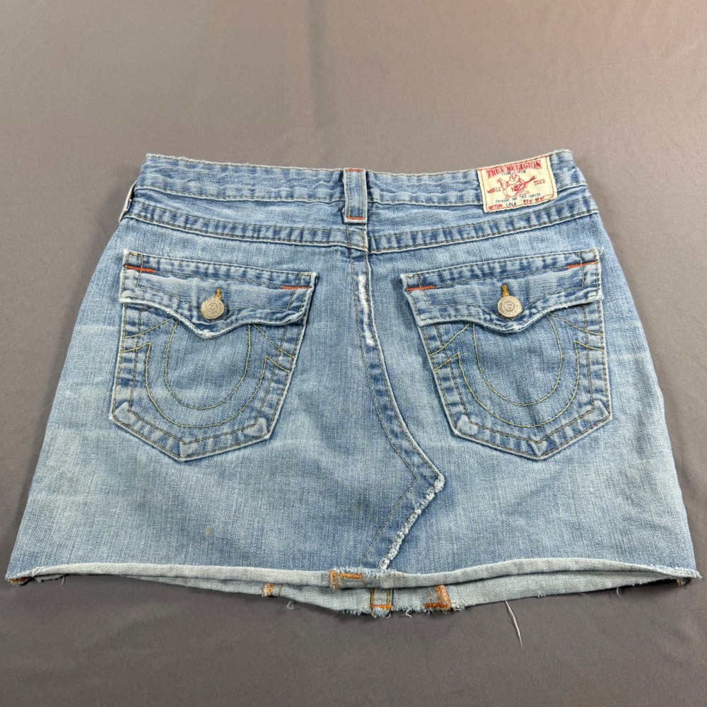 True Religion Lola Denim Mini Skirt Light Wash Y2K Vintage Distressed Size 30